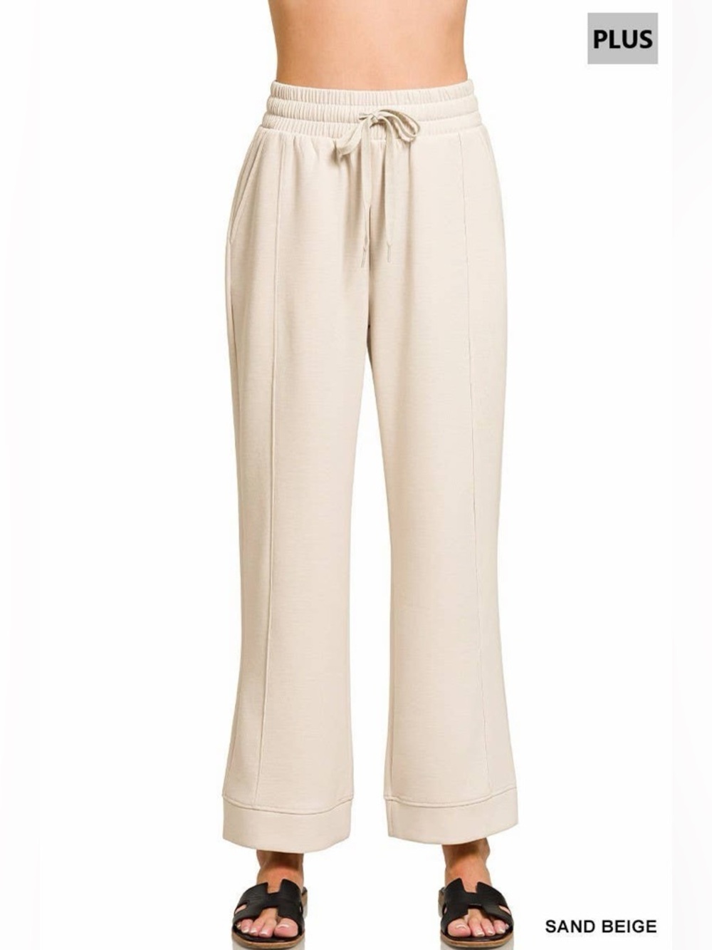 Zenana Plus Size Sand Beige Scuba Drawstring Pants